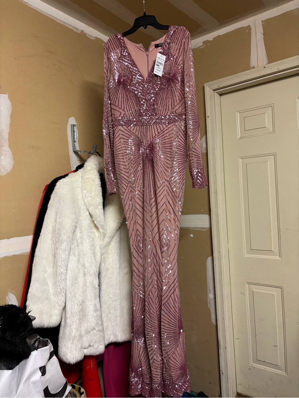Sequin Long Sleeve Evening Gown - Dusty Rose